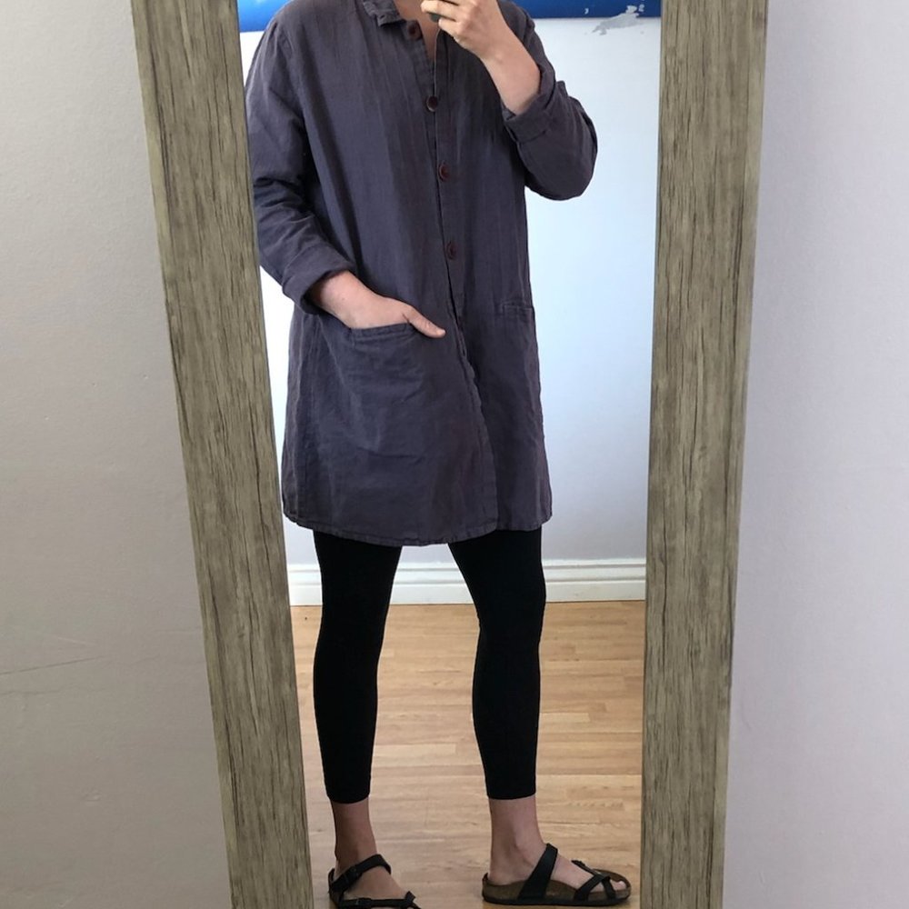 Flax long linen button-up purple shirt, size large